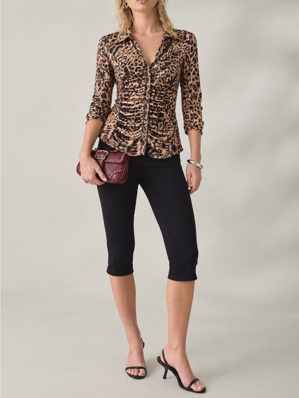 INC Leo Animal Print Smocked Button Down Size PM